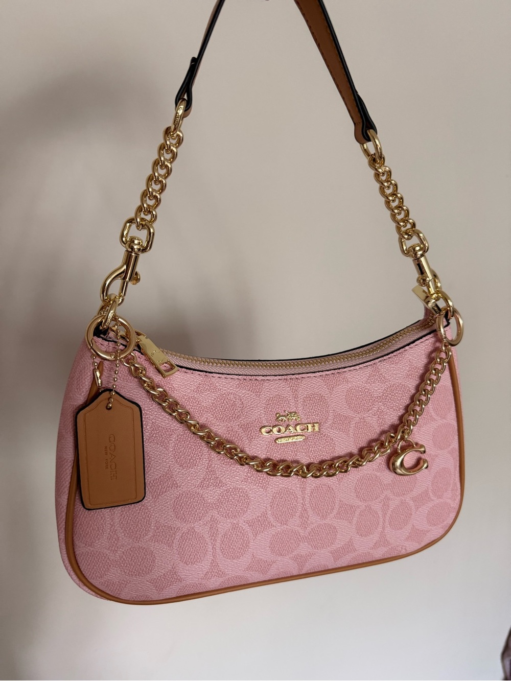 Coach Pink Signature Canvas Shoulder Bag with Gold Hardware and Tan Trim